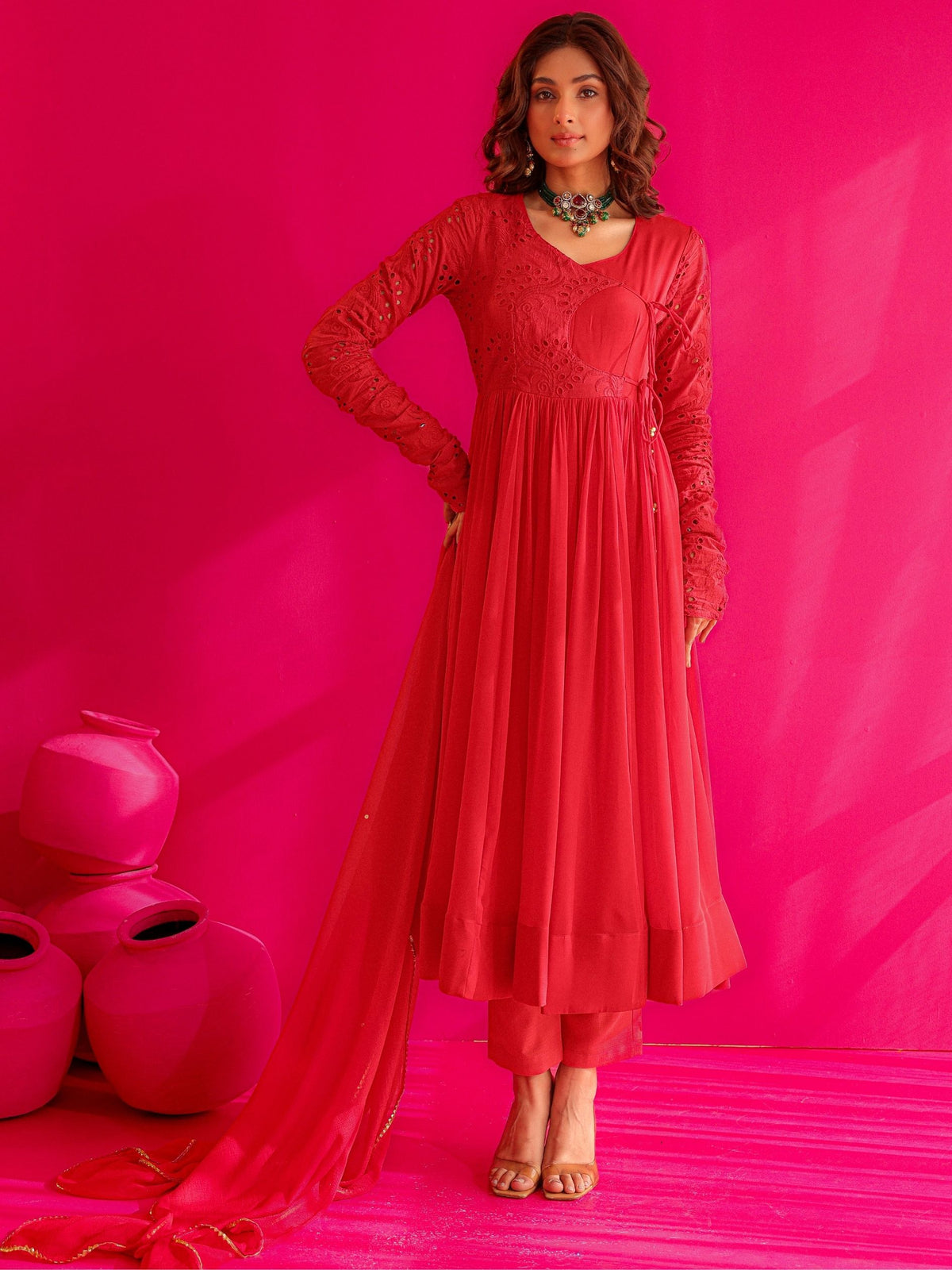 Mayra Red Georgatte Anarkali Suit Set