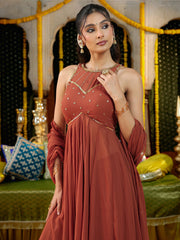 Rust Brown Hand Embroidered Anarkali Suit Set
