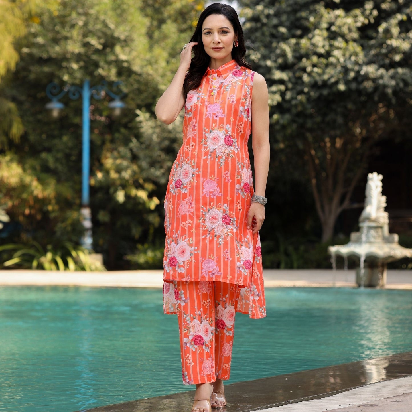 Orange Floral Maslin Hand Embroidered Co Ord Set