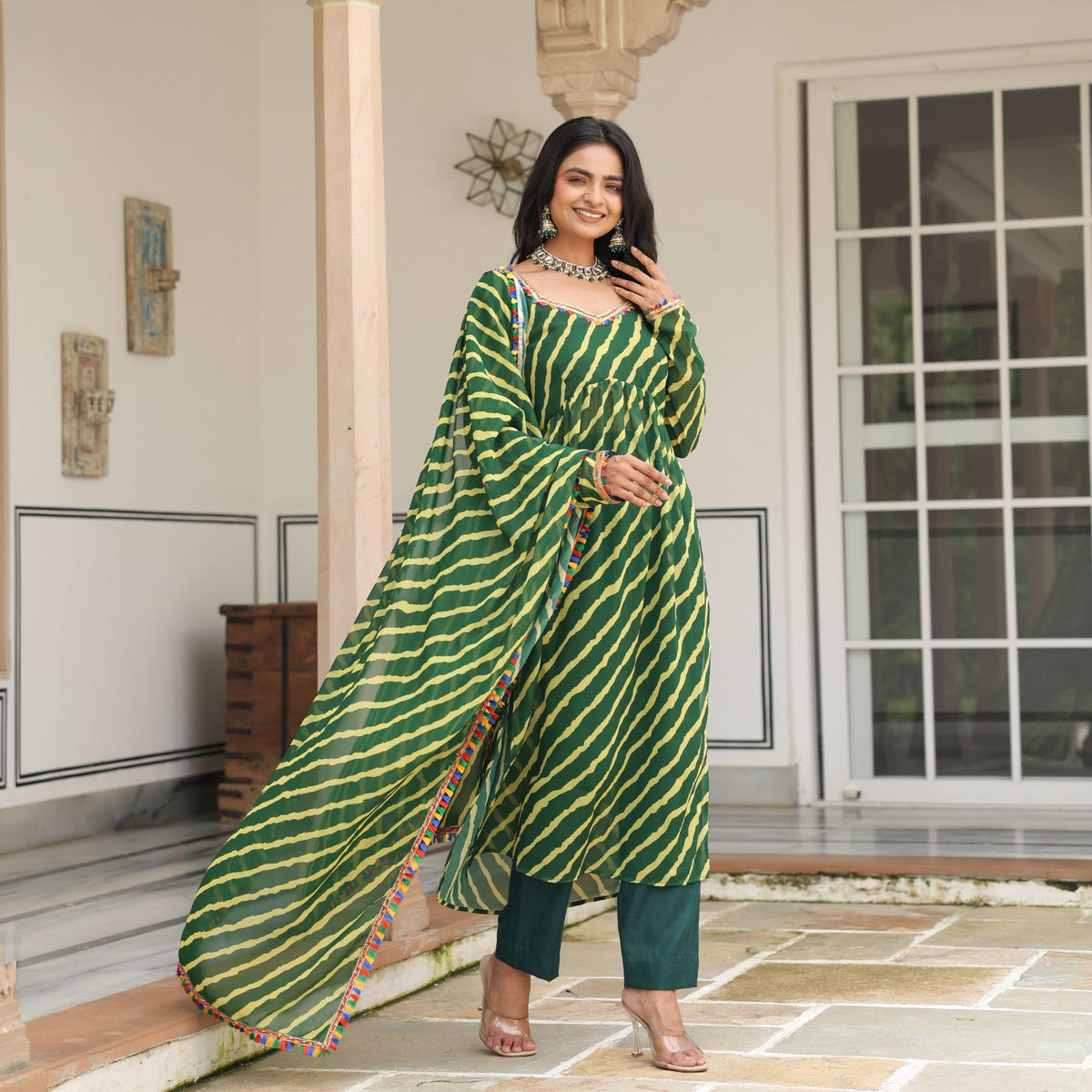 Asheera Green Lehriya Naira cut Suit Set