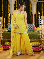 Yellow Georgette Embroidered Sharara Suit Set