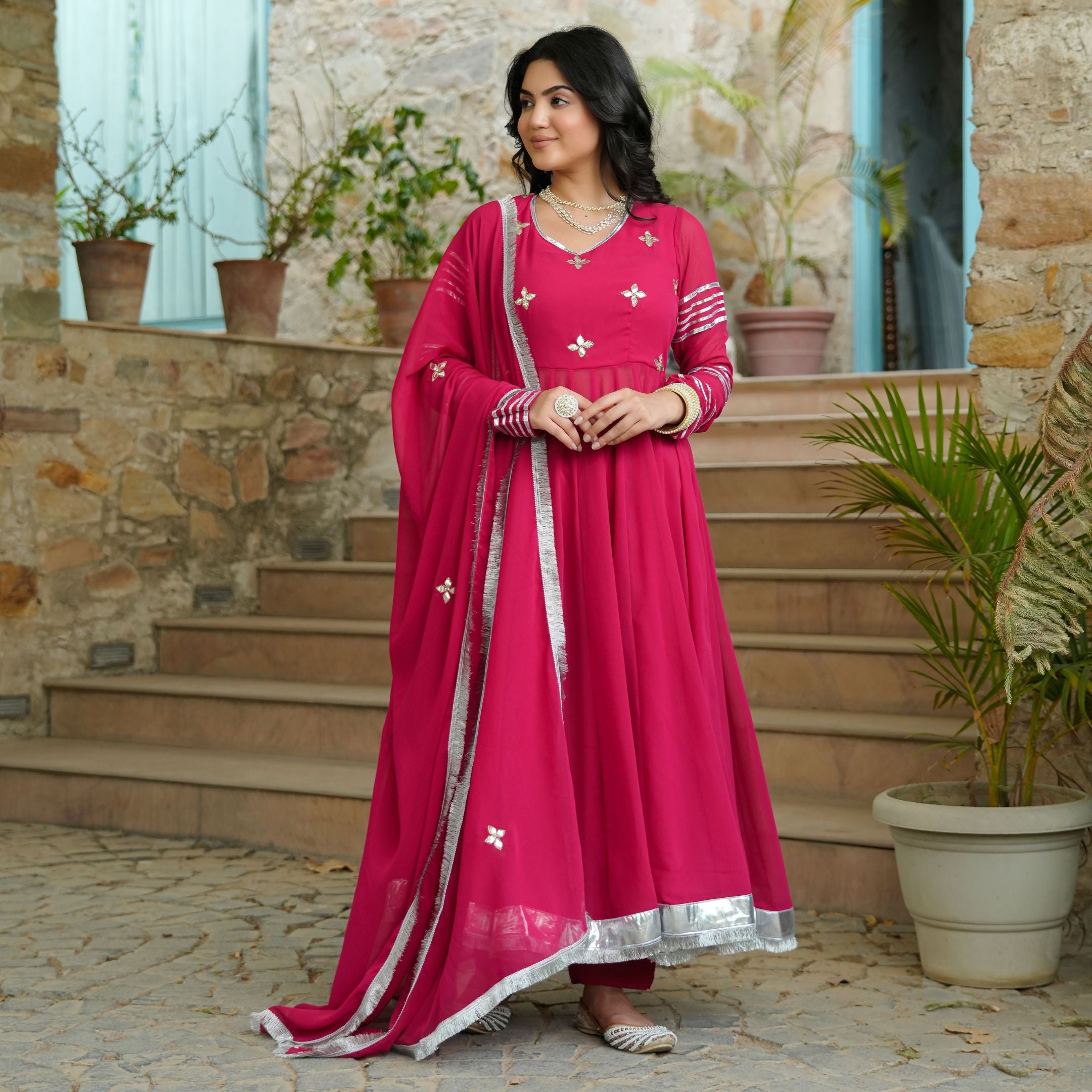 Asheera Georgette Pink Gota Hand Work Anarkali Suit Set