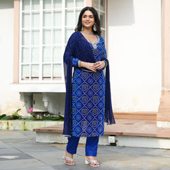 Blue Bandhani Hand Embroidered Suit Set