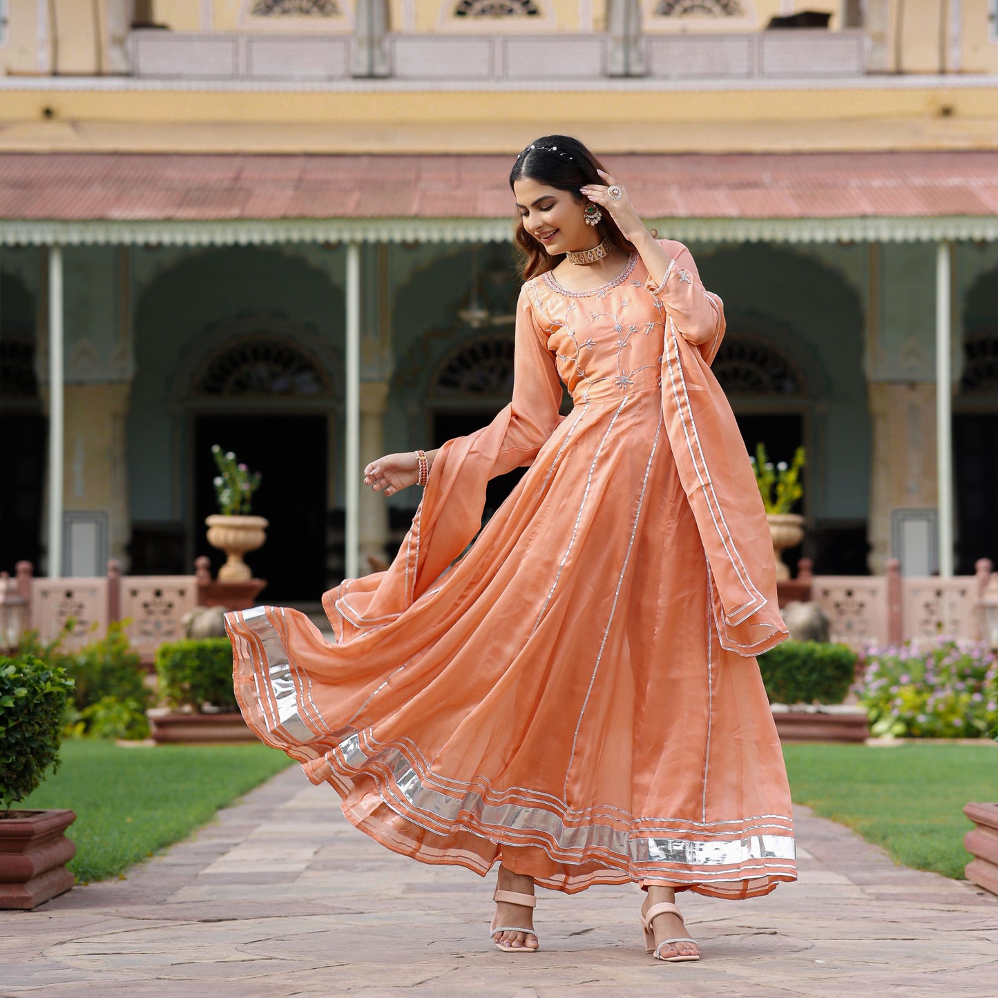 Orange Zardozi Work Chiffon Anarkali Suit Set