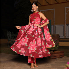 Red Floral Printed Georgette Anarkali suit set