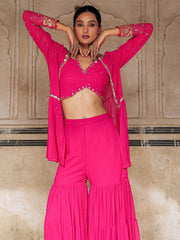 Pink Mirror and Sequins Hand Embroidered Co Ord Set with Jacket