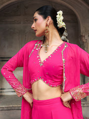 Pink Mirror and Sequins Hand Embroidered Co Ord Set with Jacket