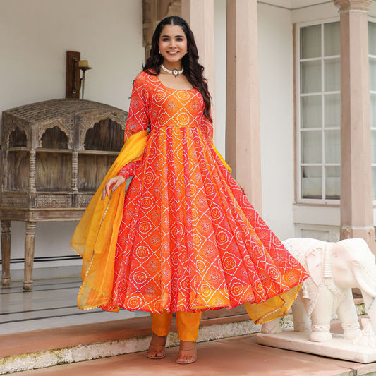 Yellow Ombre Bandhani Anarkali Suit Set