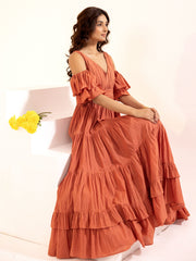 Brown Cold-Shoulder Cotton Maxi Dress