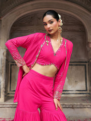 Pink Mirror and Sequins Hand Embroidered Co Ord Set with Jacket
