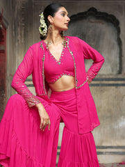 Pink Mirror and Sequins Hand Embroidered Co Ord Set with Jacket