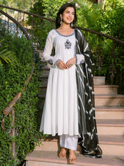 White Mul Cotton Embroidered Anarkali Suit Set