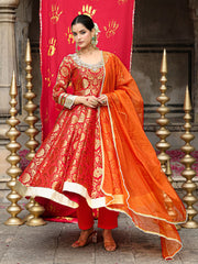 Orange Banarasi Hand Embroidered Anarkali Set