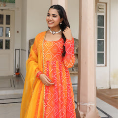 Yellow Ombre Bandhani Anarkali Suit Set