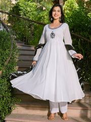 White Mul Cotton Embroidered Anarkali Suit Set