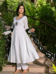 White Mul Cotton Embroidered Anarkali Suit Set