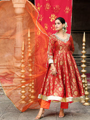 Orange Banarasi Hand Embroidered Anarkali Set