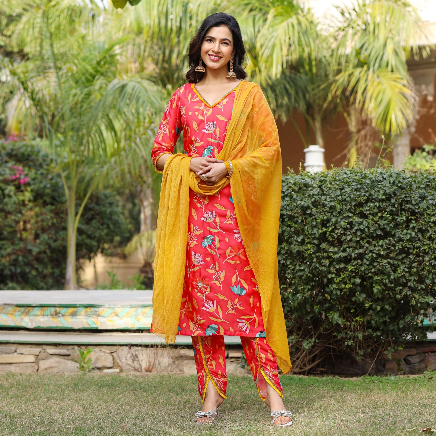 Neera Orange Maslin Hand Embroidered Suit Set