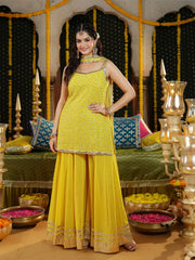 Yellow Georgette Embroidered Sharara Suit Set