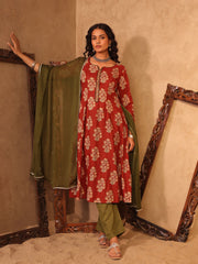 Rust Red Floral Boota Print Cotton A-Line Kurta Set