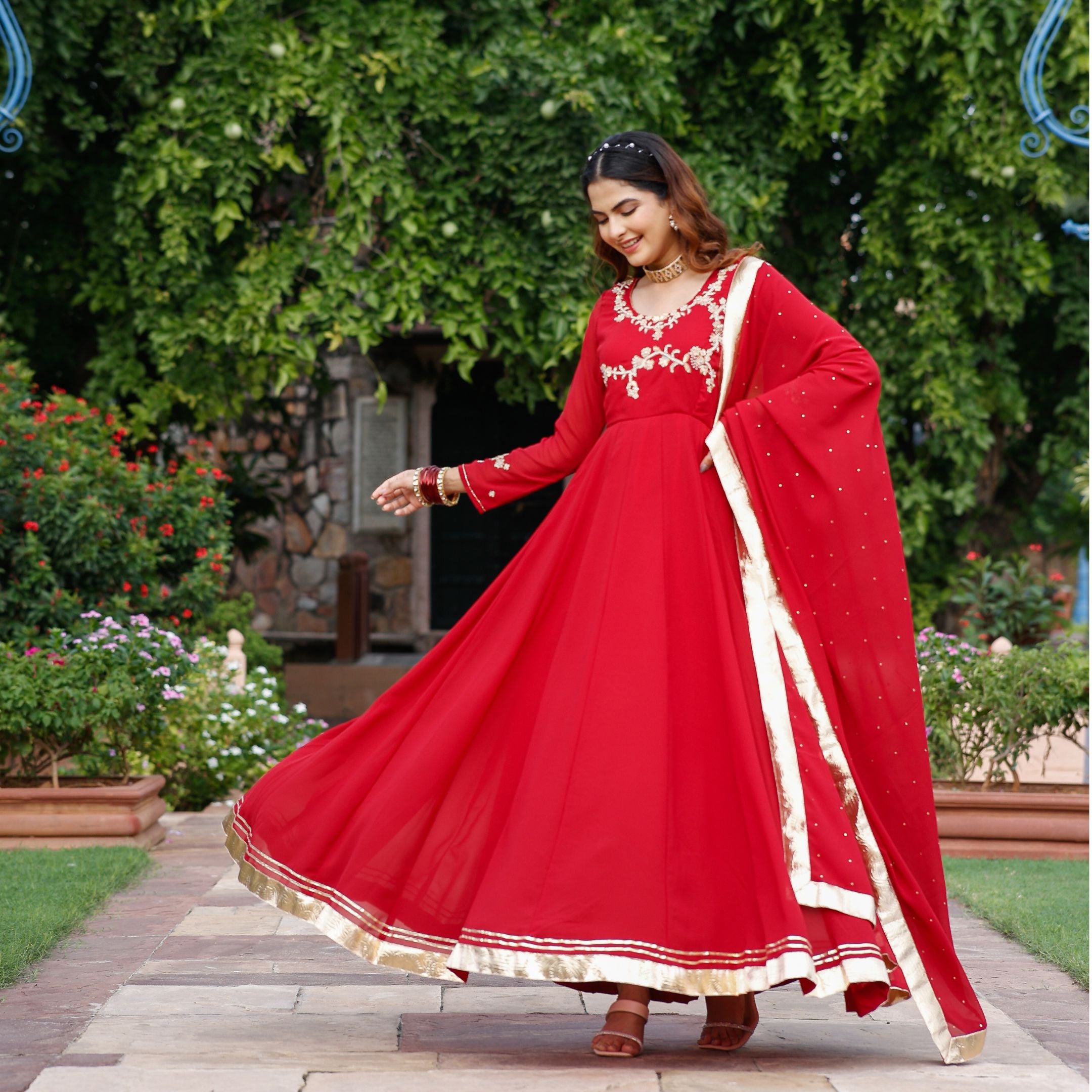 Red anarkali suit set with beautiful print - Dress me Royal
