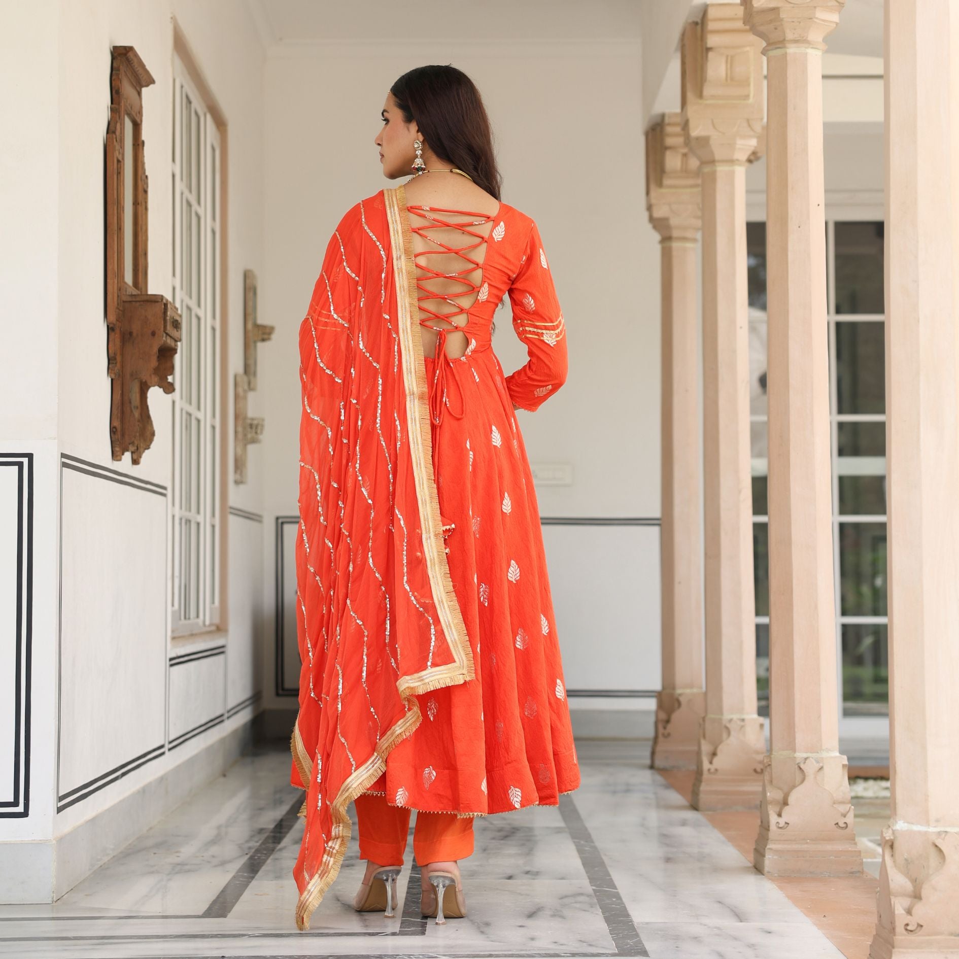 Orange Chanderi Jacquard Anarkali Suit Set