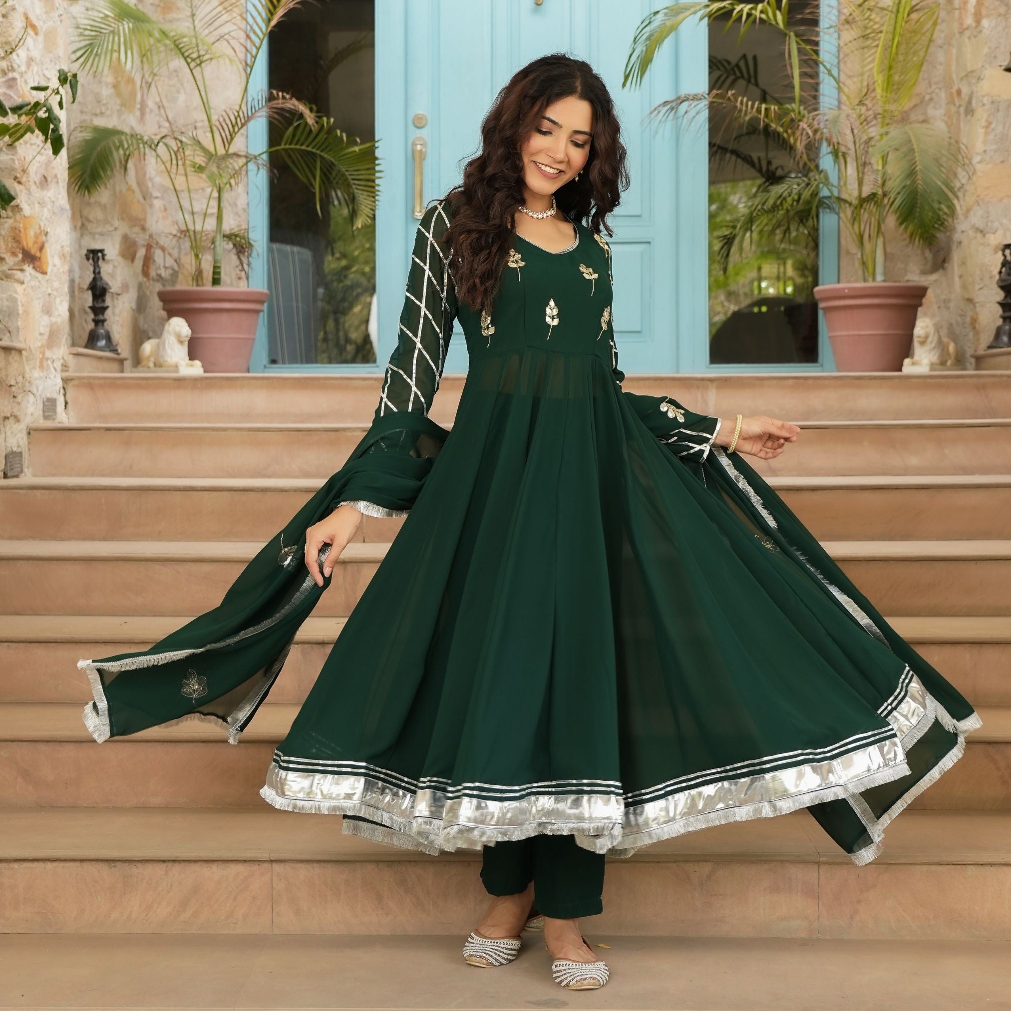 Georgette Green Gota Hand Work Anarkali Suit Set – ASHEERA