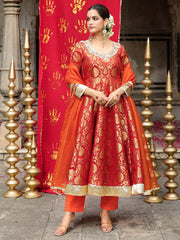 Orange Banarasi Hand Embroidered Anarkali Set