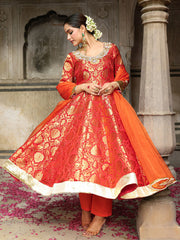Orange Banarasi Hand Embroidered Anarkali Set