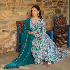 Anika Green Floral Printed Georgette Anarkali Suit Set