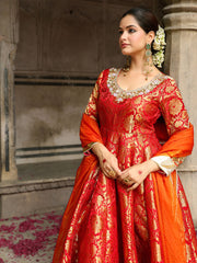 Orange Banarasi Hand Embroidered Anarkali Set
