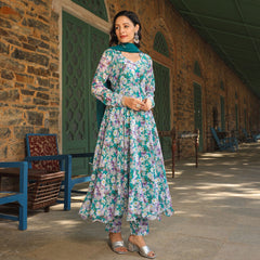 Anika Green Floral Printed Georgette Anarkali Suit Set