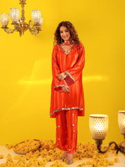 Shringar Orange Gaji Satin Silk Mirror Work Suit Set