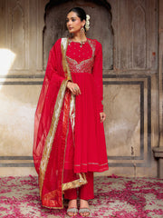 Red Aari Heavy Hand Embroidered Anarkali Suit Set