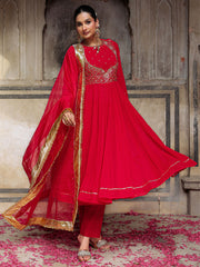 Red Aari Heavy Hand Embroidered Anarkali Suit Set