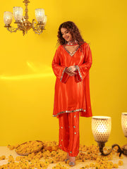 Shringar Orange Gaji Satin Silk Mirror Work Suit Set