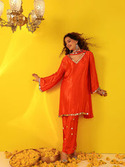 Shringar Orange Gaji Satin Silk Mirror Work Suit Set