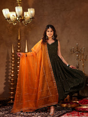 Chinon Green Sequin Work Anarkali Set