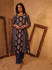 Navy Blue Floral Boota Cotton A-Line Kurta Set