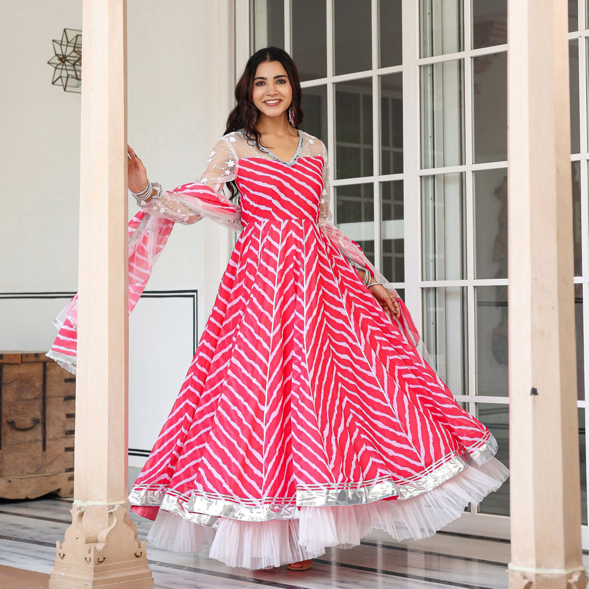 Asheera Pink Lehriya Anrakali Gown Set