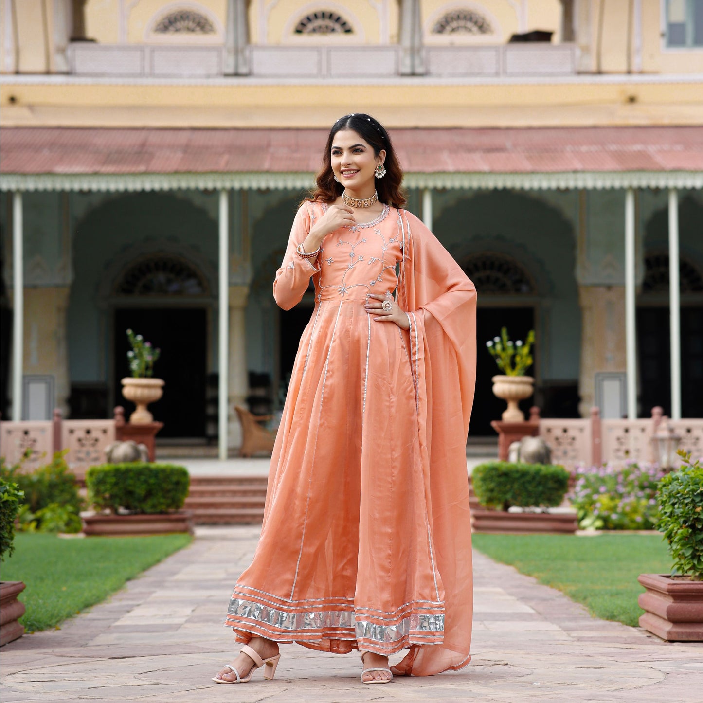 Orange Zardozi Work Chiffon Anarkali Suit Set