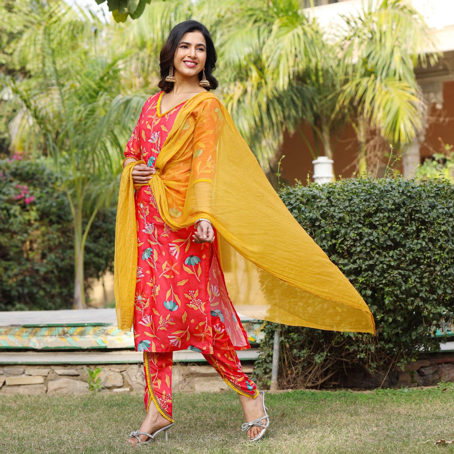 Neera Orange Maslin Hand Embroidered Suit Set