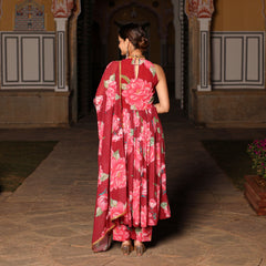 Red Floral Printed Georgette Anarkali suit set