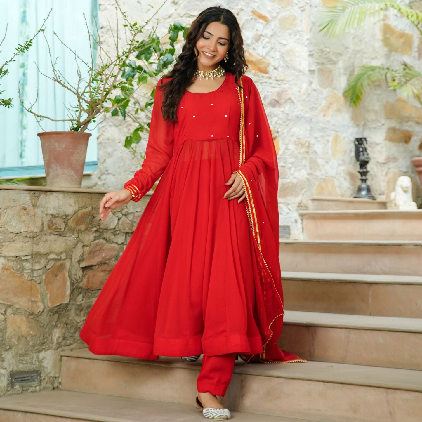 Laal Mirror Work Anarkali Suit Set