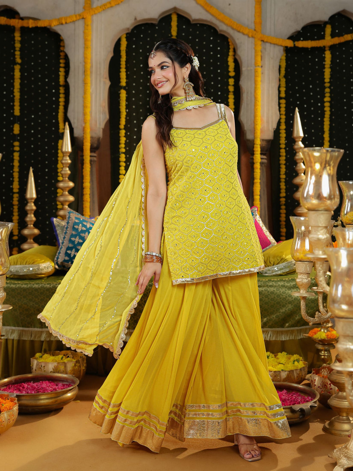 Yellow Georgette Embroidered Sharara Suit Set