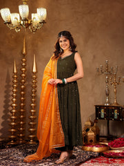 Chinon Green Sequin Work Anarkali Set