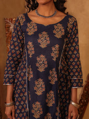 Navy Blue Floral Boota Cotton A-Line Kurta Set