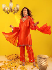 Shringar Orange Gaji Satin Silk Mirror Work Suit Set