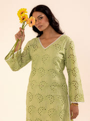 Sage Green Hakoba Kurta Set with Cutwork Embroidery