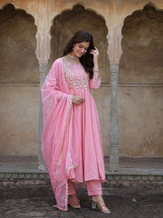 Gulabi Mul Chanderi Gota Work Anarkali Set